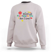 Light gray sweatshirt with “Watch out Kindergarten…here I come!” back-to-school graphic