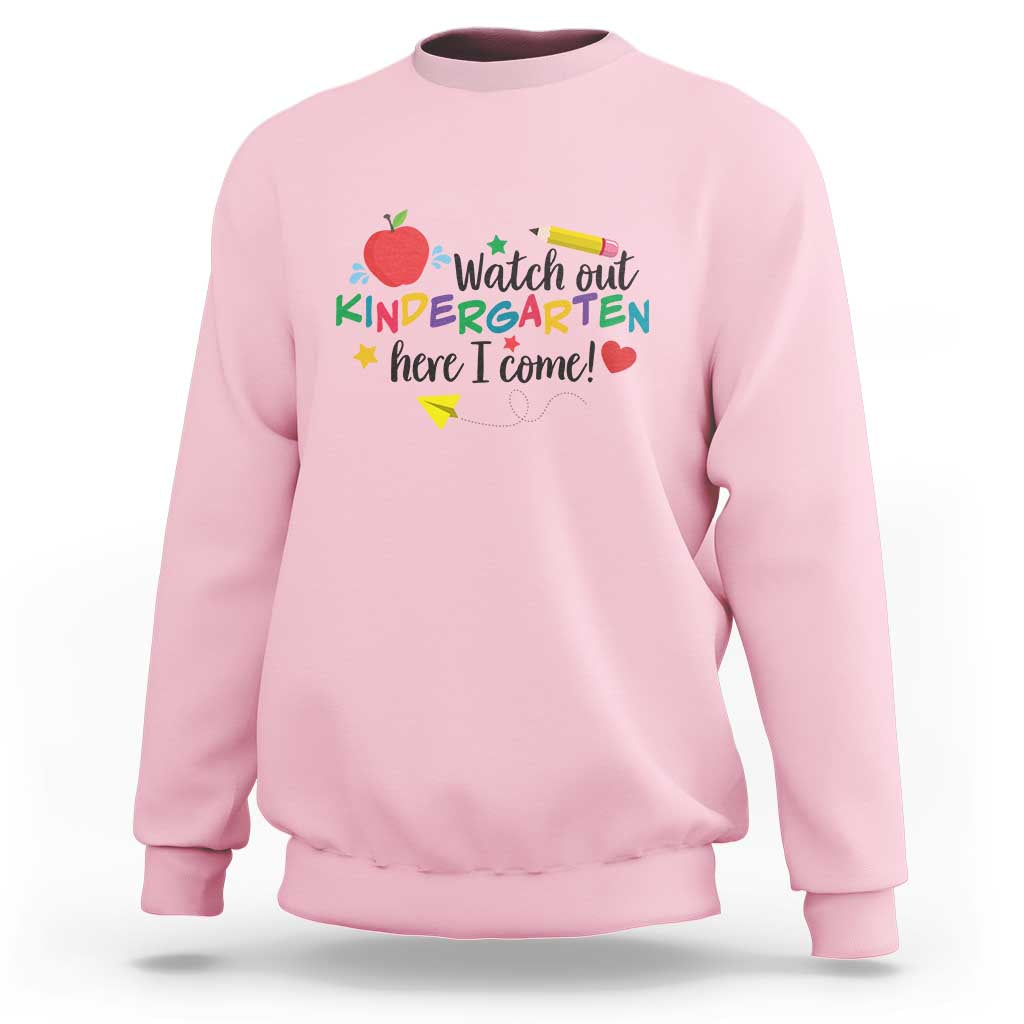 Light pink sweatshirt with “Watch out Kindergarten…here I come!” back-to-school graphic