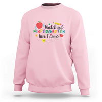 Light pink sweatshirt with “Watch out Kindergarten…here I come!” back-to-school graphic