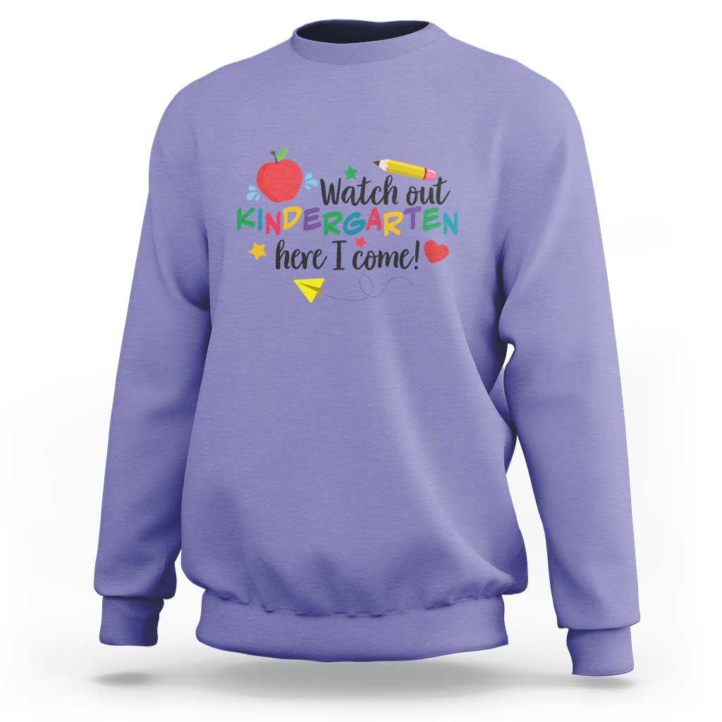 Violet sweatshirt with “Watch out Kindergarten…here I come!” back-to-school graphic