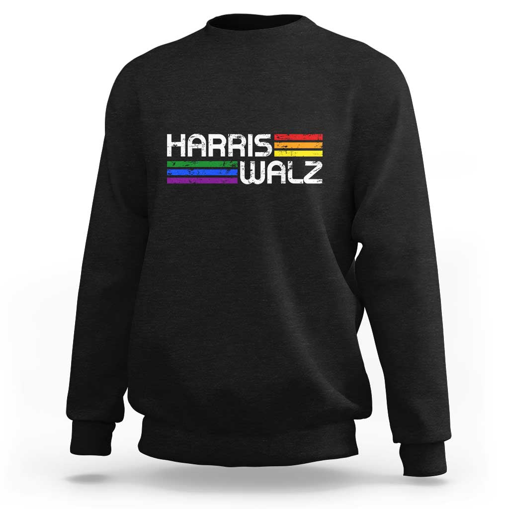 Black crewneck sweatshirt with “HARRIS WALZ” logo and rainbow striped accent on chest