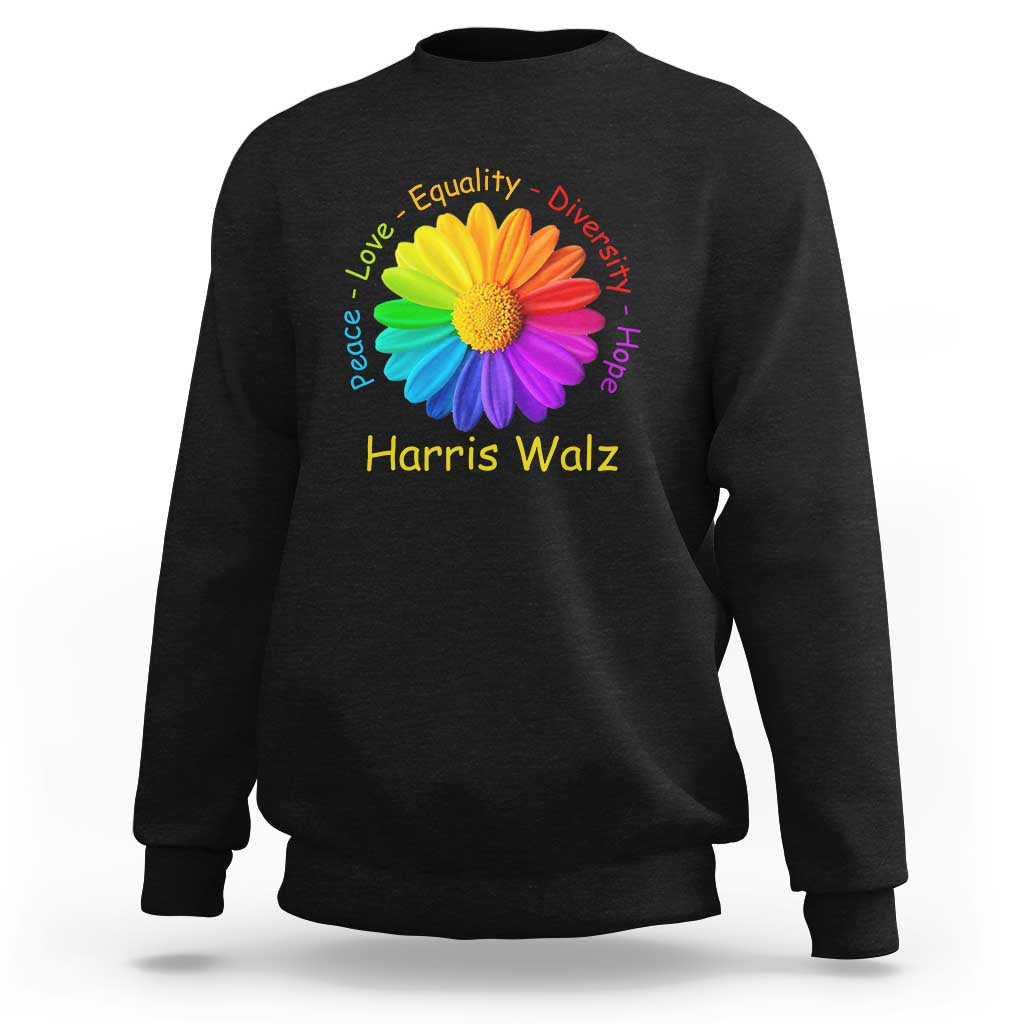 Black sweatshirt with rainbow flower graphic and “Harris Walz” text on chest