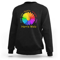 Black sweatshirt with rainbow flower graphic and “Harris Walz” text on chest