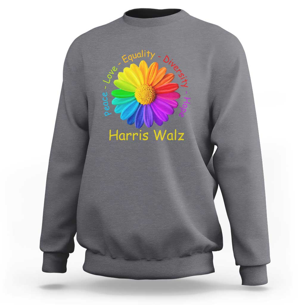 Gray sweatshirt with rainbow flower graphic and “Harris Walz” text on chest