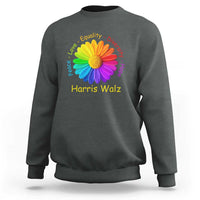 Charcoal gray sweatshirt with rainbow flower graphic and “Harris Walz” text on chest