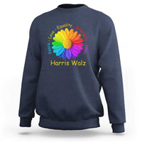 Navy sweatshirt with rainbow flower graphic and “Harris Walz” text on chest