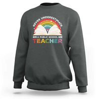Charcoal sweatshirt with rainbow teacher graphic on front and crew neckline
