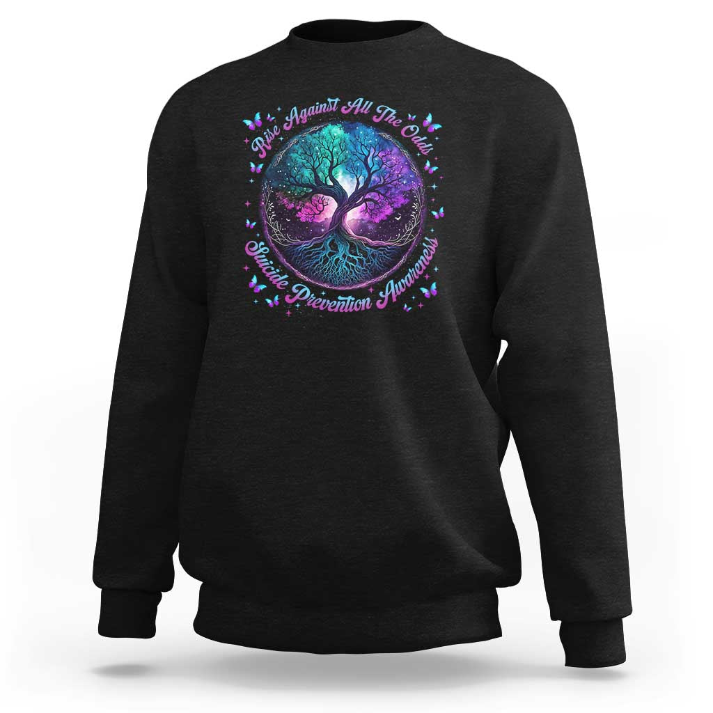 Black crewneck sweatshirt with large tree-and-butterfly suicide prevention graphic on chest