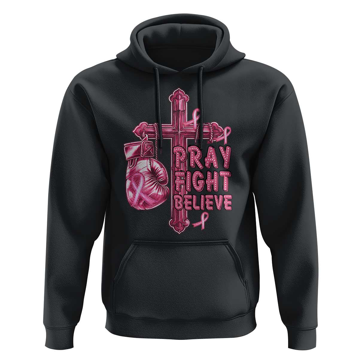 Black hoodie with pink ribbon cross graphic and 'Pray Fight Believe' text.