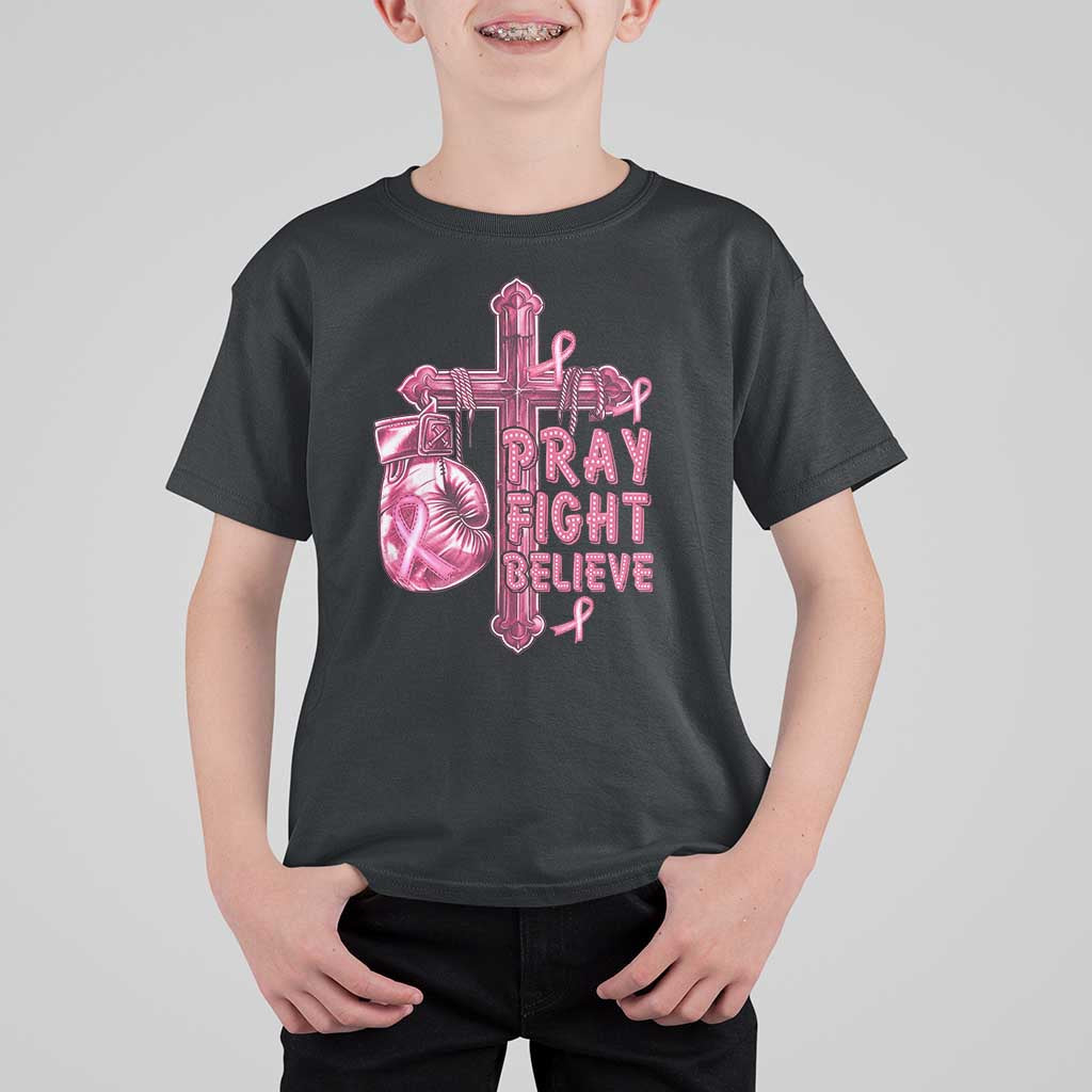 Kids T-shirt in black with pink cross-and-heart graphic reading “PRAY FIGHT BELIEVE”