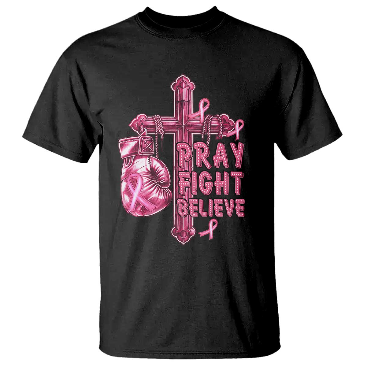 Black breast cancer awareness T-shirt with pink cross, boxing gloves, heart graphic and Pray Fight Believe text