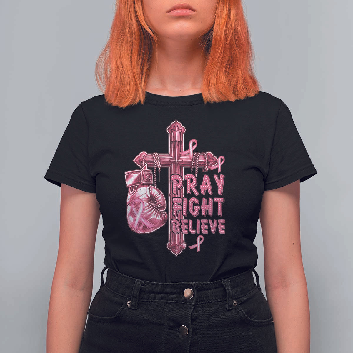 Breast Cancer Awareness T Shirt For Women Pray Fight Believe Boxing Glove Cross Pink Ribbon - Wonder Print Shop