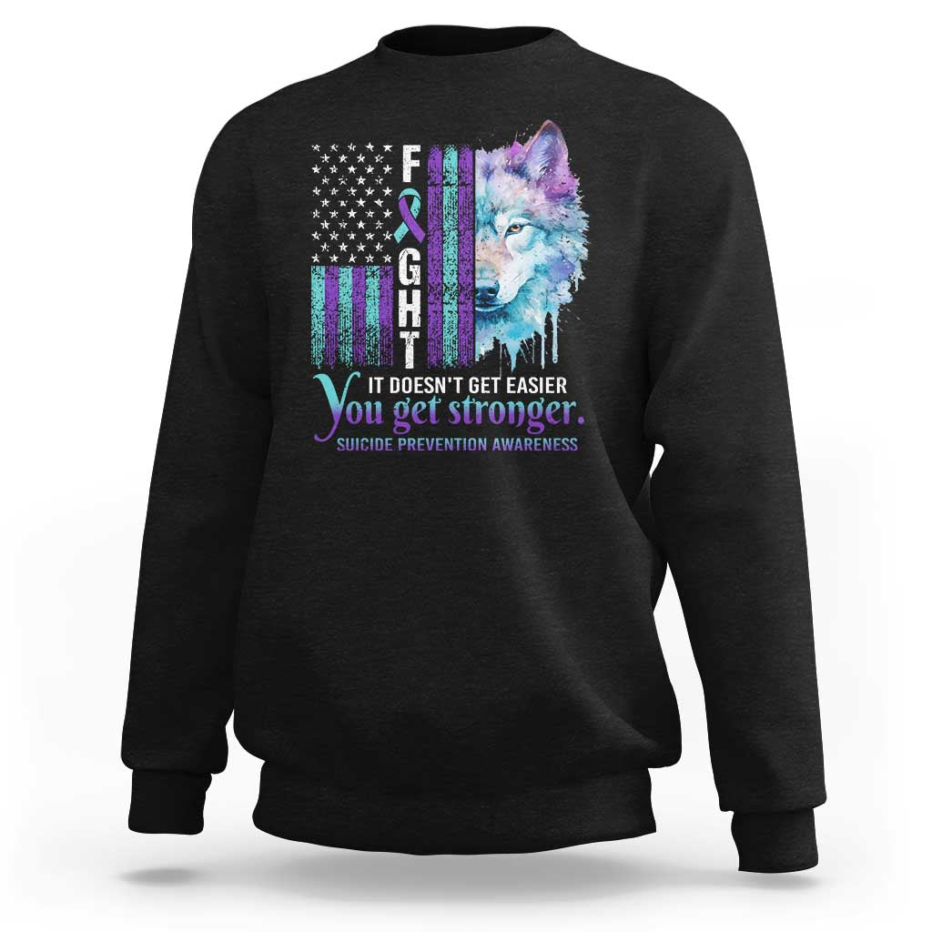 Black sweatshirt with colorful wolf and American flag graphic, awareness slogan