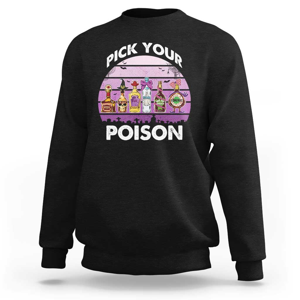 Black Halloween crewneck sweatshirt with 'Pick Your Poison' graphic and potion bottles.