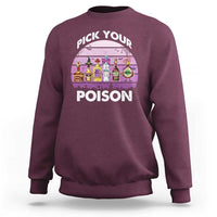 Maroon Halloween crewneck sweatshirt with 'Pick Your Poison' graphic and potion bottles.