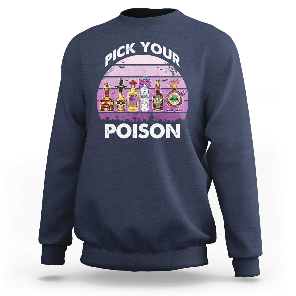Navy Halloween crewneck sweatshirt with 'Pick Your Poison' graphic and potion bottles.