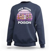Navy Halloween crewneck sweatshirt with 'Pick Your Poison' graphic and potion bottles.