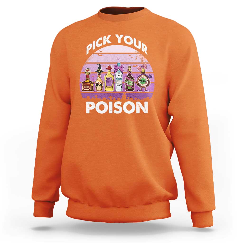 Orange Halloween crewneck sweatshirt with 'Pick Your Poison' graphic and potion bottles.