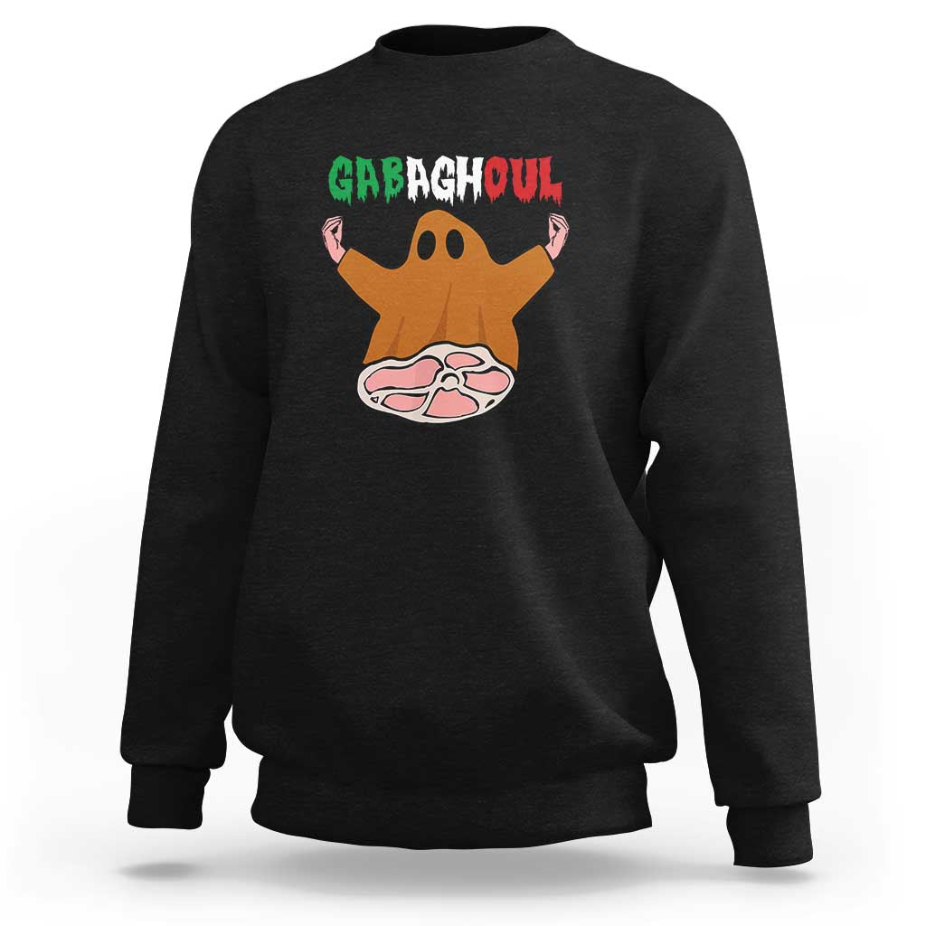 Black crewneck sweatshirt with cartoon ghost and pizza graphic on front
