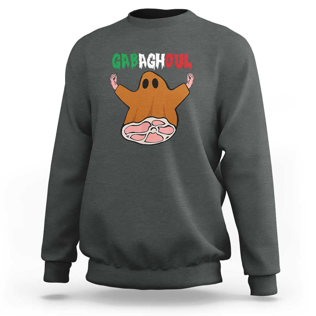 Dark heather crewneck sweatshirt with cartoon ghost and pizza graphic on front