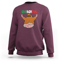 Maroon crewneck sweatshirt with cartoon ghost and pizza graphic on front