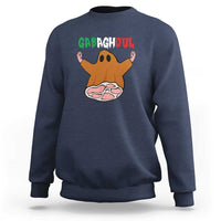 Navy crewneck sweatshirt with cartoon ghost holding pizza graphic on front
