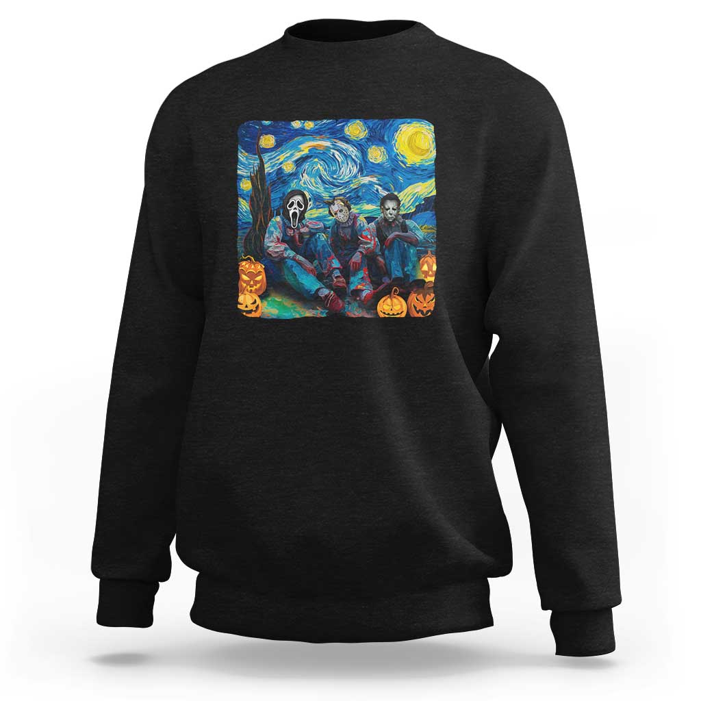 Black crewneck sweatshirt with centered spooky art graphic on the back