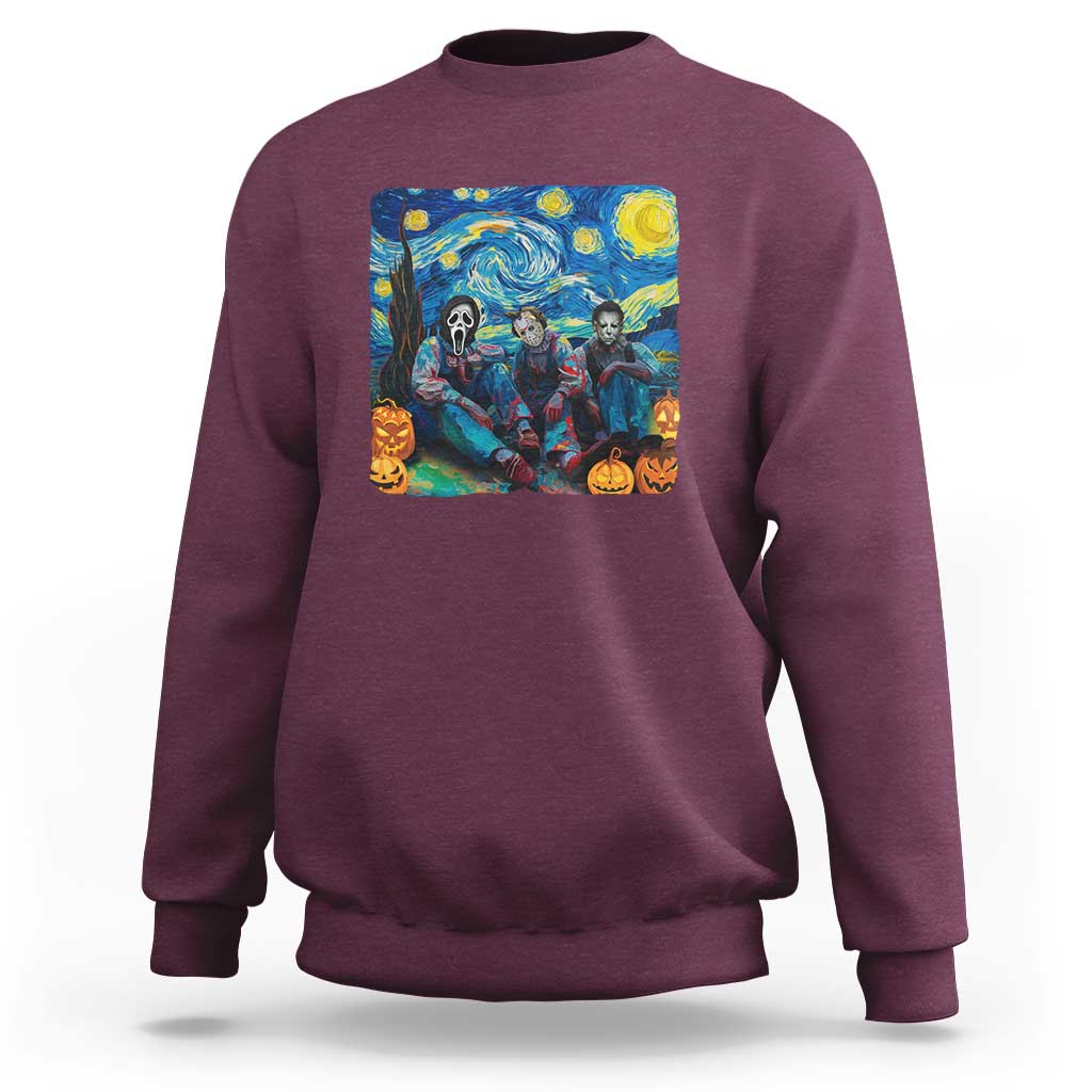 Maroon crewneck sweatshirt with centered spooky art graphic on the back