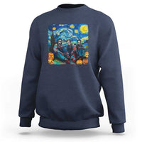 Navy crewneck sweatshirt with centered spooky art graphic on the back