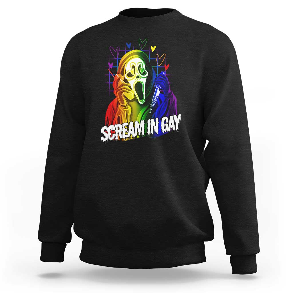 Black crewneck sweatshirt with rainbow ghost graphic and 'SCREAM IN GAY' text