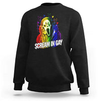 Black crewneck sweatshirt with rainbow ghost graphic and 'SCREAM IN GAY' text