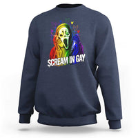 Navy crewneck sweatshirt with rainbow ghost graphic and 'SCREAM IN GAY' text