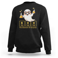 Black sweatshirt with cartoon ghost, beakers, and chemistry element symbols graphic