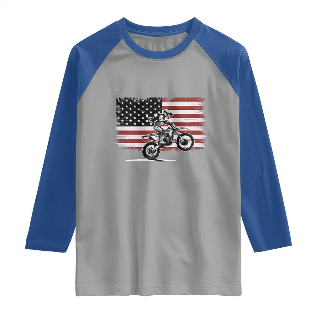 Dirt Bike Woman Rider Raglan Shirt American Flag Motocross Biker