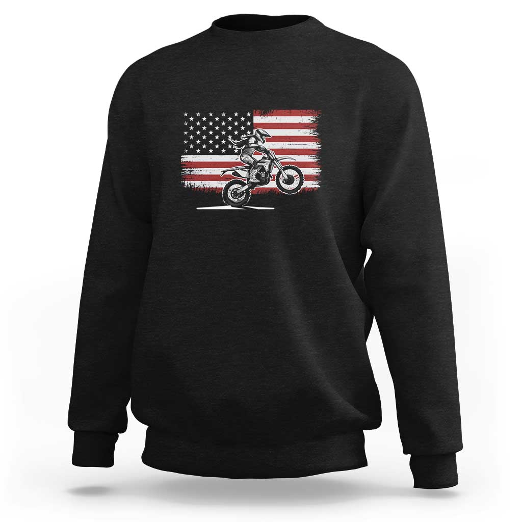 Women's black sweatshirt with American flag motocross rider graphic on chest