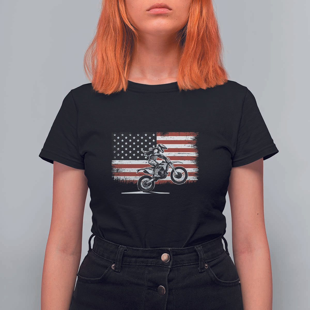 Dirt Bike Woman Rider T Shirt For Women American Flag Motocross Biker - Wonder Print Shop