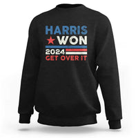 Black crewneck sweatshirt with 'HARRIS WON 2024 GET OVER IT' front graphic