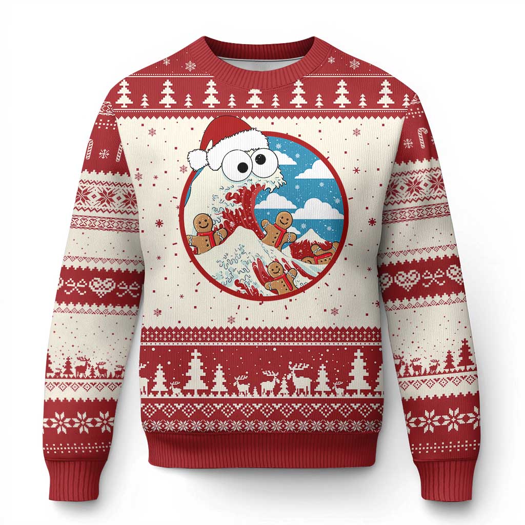 Red and cream ugly Christmas sweater with circular cartoon Santa and wave graphic, knit stripes