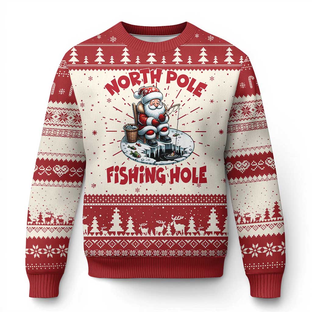 Red and white knit Christmas sweater with North Pole fishing hole graphic
