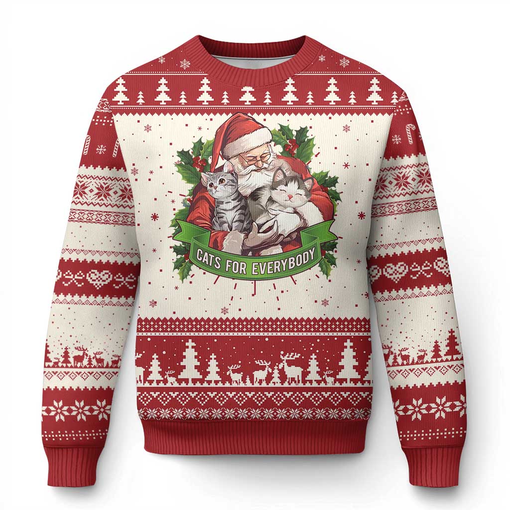 Red Christmas sweater with cat-and-Santa wreath graphic and patterned border knit