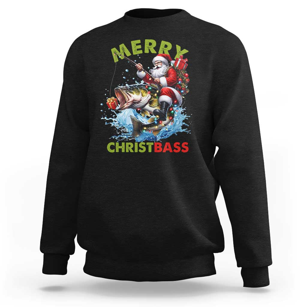 Black sweatshirt with Merry Christbass Santa fishing graphic on front