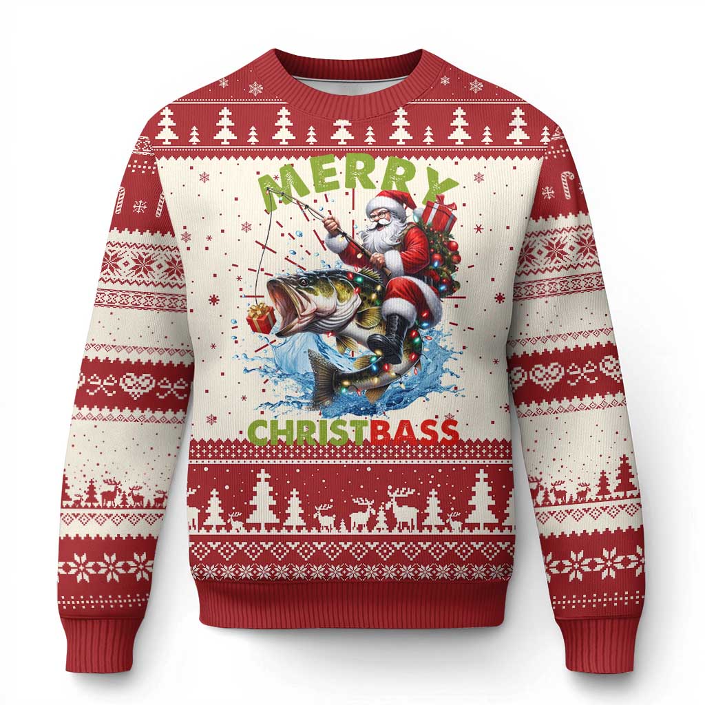 Red and cream Christmas sweater with Santa fishing, Merry Christbass text, tree patterns