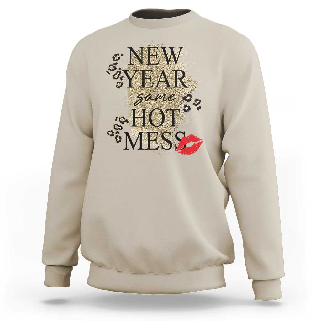Sand sweatshirt with “NEW YEAR same HOT MESS” graphic and red lips on front