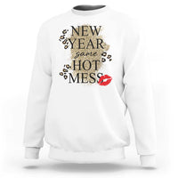 White sweatshirt with “NEW YEAR same HOT MESS” graphic and red lips on front