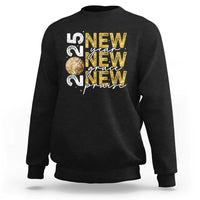 Black sweatshirt with front graphic text and gold glitter globe