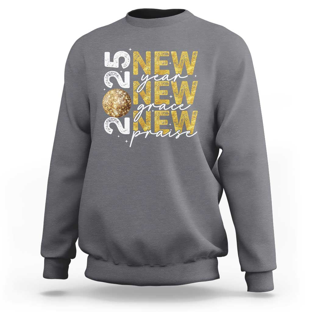 Charcoal gray sweatshirt with front graphic text and gold glitter globe