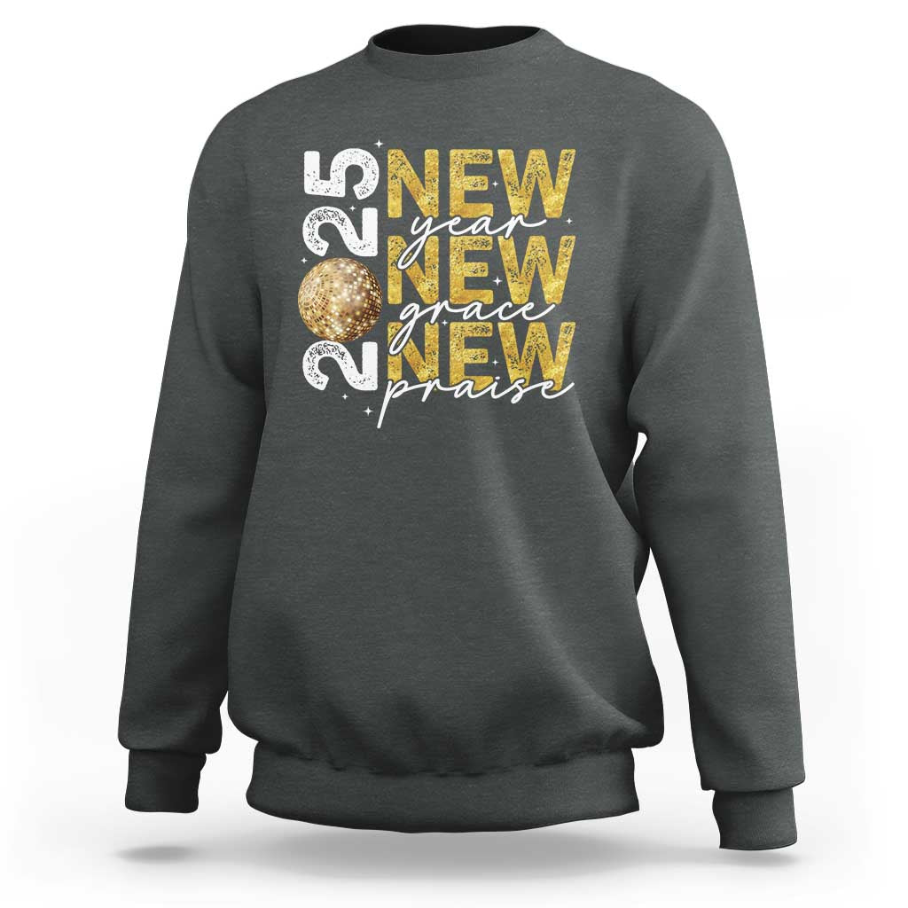 Dark heather gray sweatshirt with front graphic text and gold glitter globe