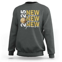Dark heather gray sweatshirt with front graphic text and gold glitter globe