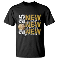 Black T-shirt with “New Year New Grace New Praise” graphic and gold globe