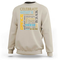 Sand crewneck sweatshirt with colorful New Year party text graphic on the front